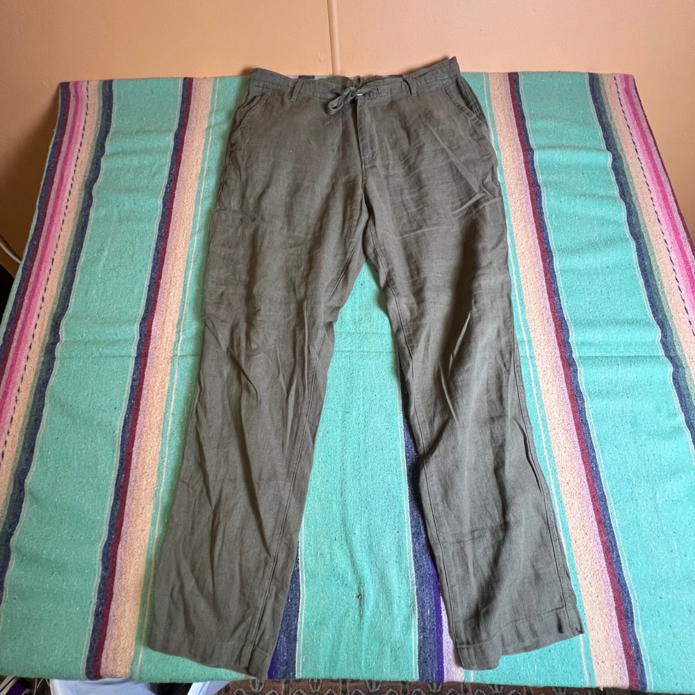 Zara Linen Blend Pants Mens 35x30 Olive Green Relaxed Drawstring Trousers